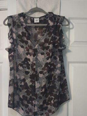 cabi Sheer Floral Ruffle-Sleeve Blouse in Black and Mauve